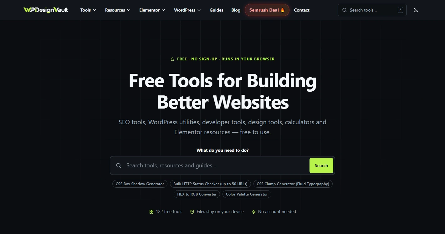 WP Design Vault – Web Design & Elementor Resources Platform Direct Homepage Preview